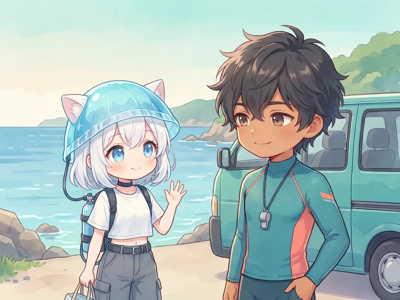 海辺の集合場所でインストラクターがお出迎えするイラスト