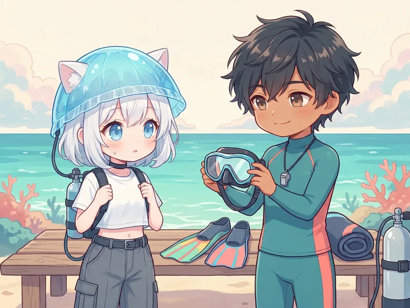 インストラクターがマスクや器材をやさしく説明するイラスト