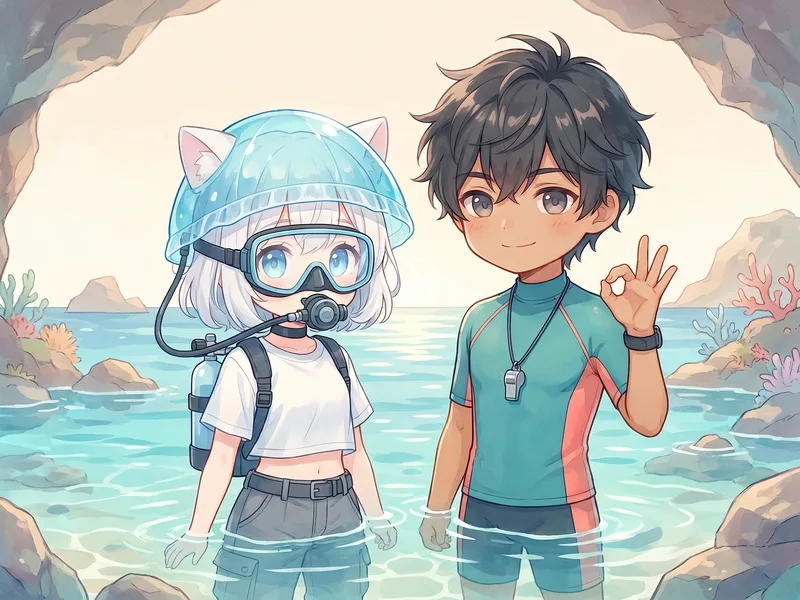 足の着く穏やかな浅場で呼吸の練習をするイラスト