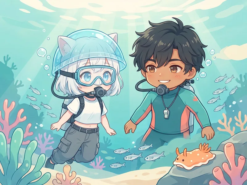 インストラクターと並んで魚やウミウシに会いに行く水中散歩のイラスト