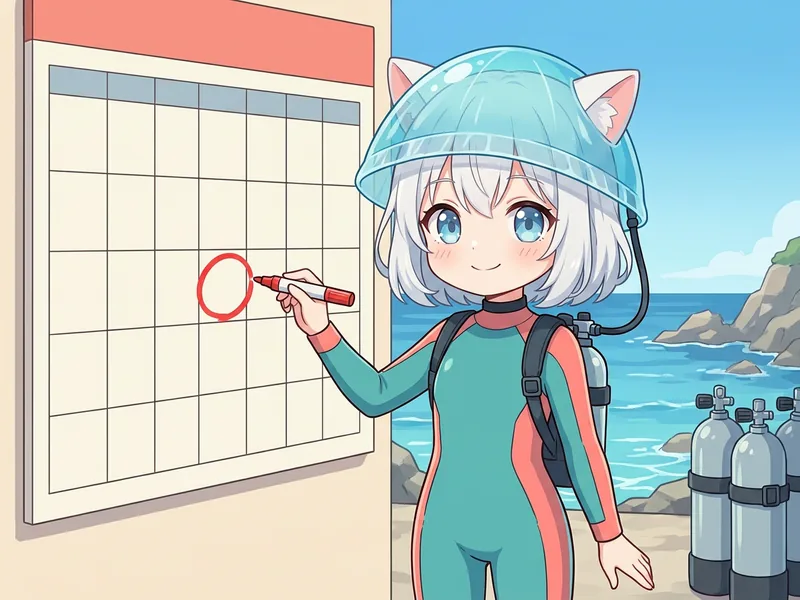 次回のダイビングの日付をカレンダーに書き込む案内役のイラスト