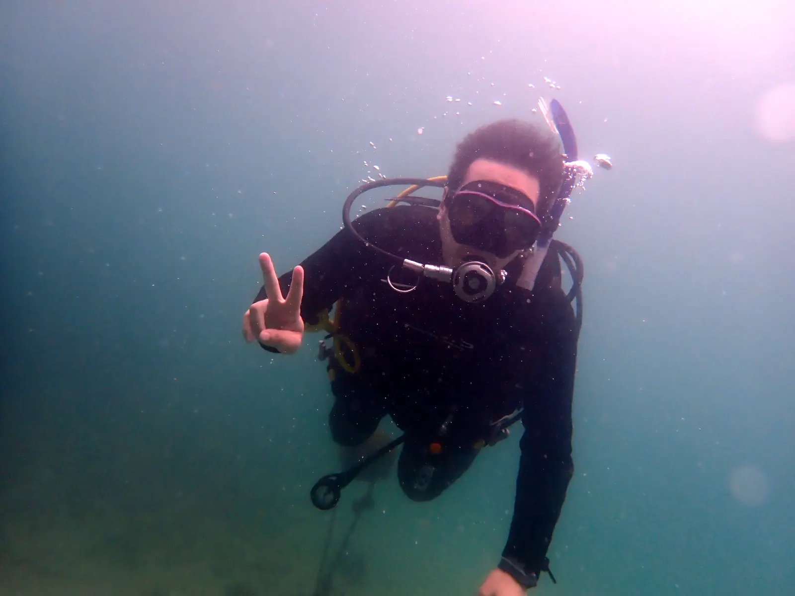 三浦の海の中で、落ち着いた様子でピースサインをするダイバー