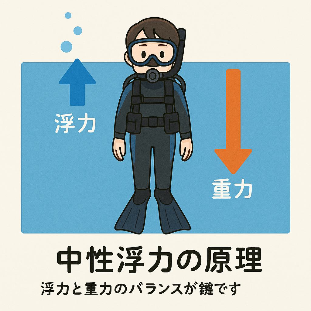 水中での浮力と重力のバランス図解